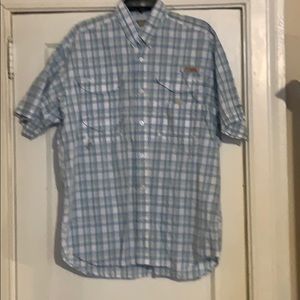 Columbia blue green and white plaid shirt